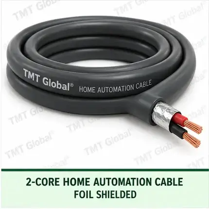 TMT Global 2 core foil shielded home automation cable, with 2 colored copper conductors.
