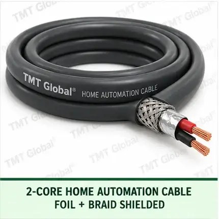 TMT Global 2 core foil + braid shielded home automation cable, with 2 colored copper conductors.