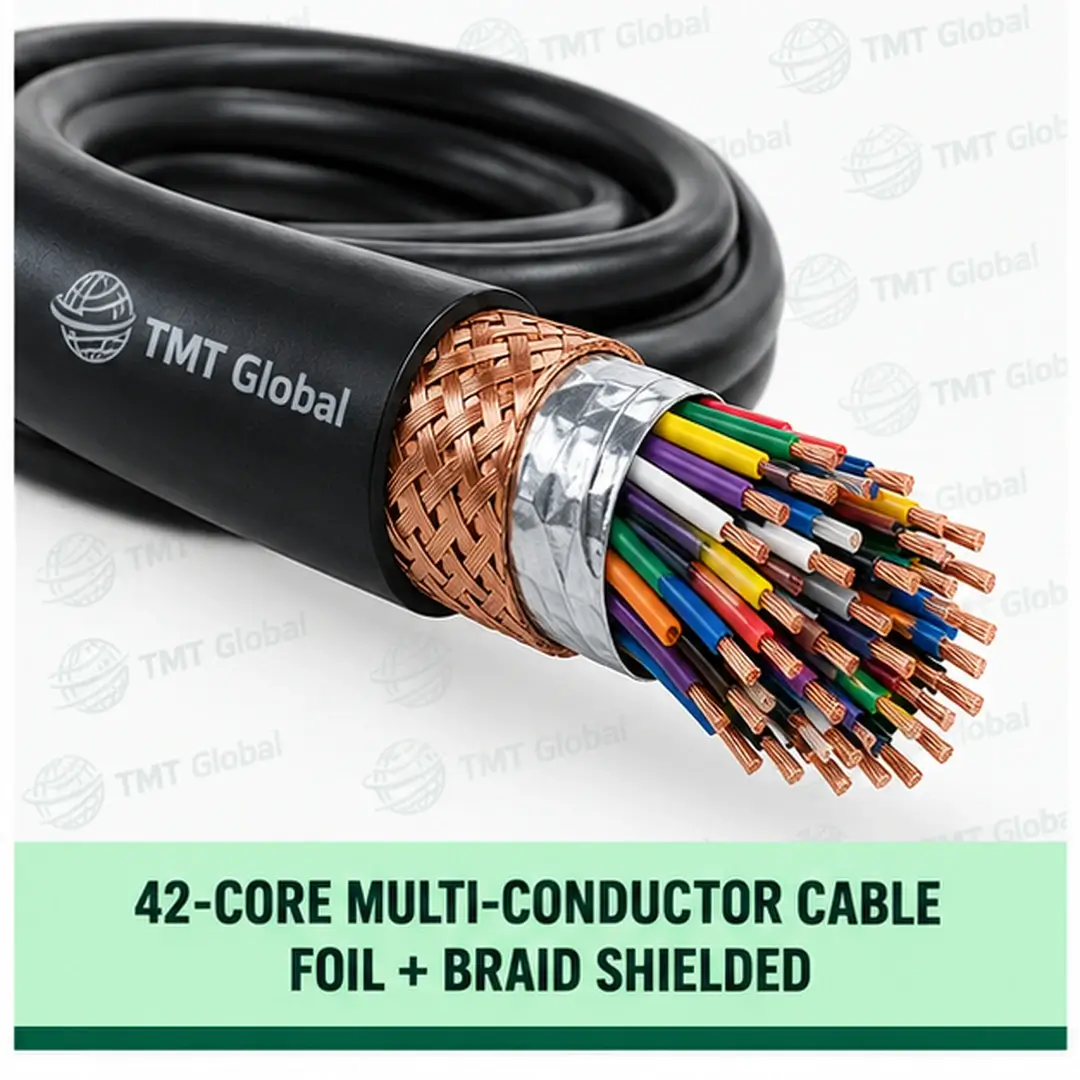 TMT Global 42 core foil + braid shielded multi-conductor cable, with 42 individually insulated copper conductors. TMT Global 42 core foil + braid shielded multi-conductor cable, with 42 individually insulated copper conductors.