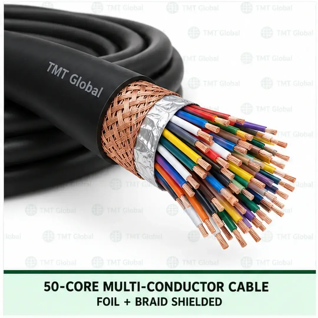 TMT Global 50 core foil + braid shielded multi-conductor cable, with 50 individually insulated copper conductors. TMT Global 50 core foil + braid shielded multi-conductor cable, with 50 individually insulated copper conductors.