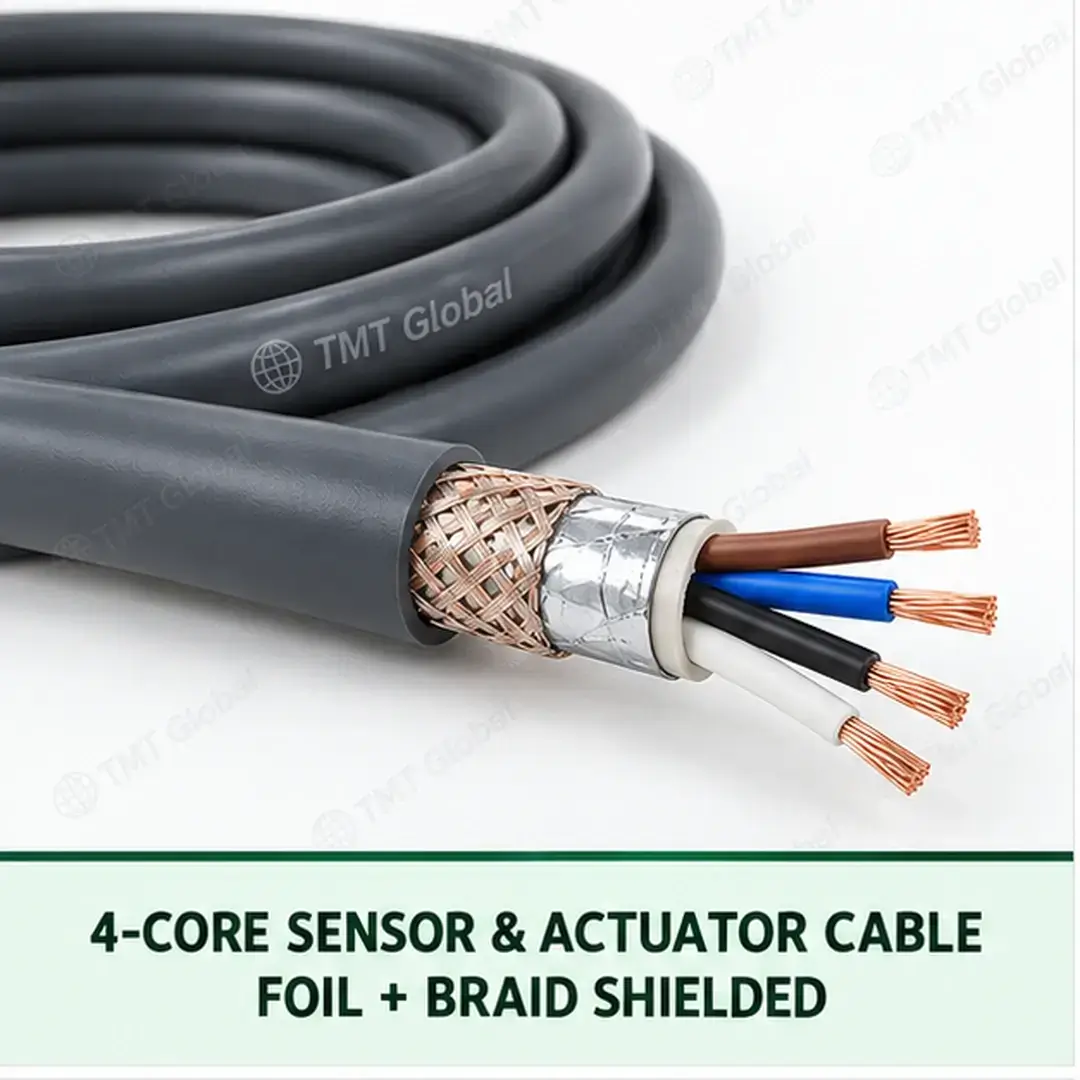TMT Global 4 core foil and braid shielded sensor and actuator cable, with 4 visible conductors. TMT Global 4 core foil and braid shielded sensor and actuator cable, with 4 visible conductors.