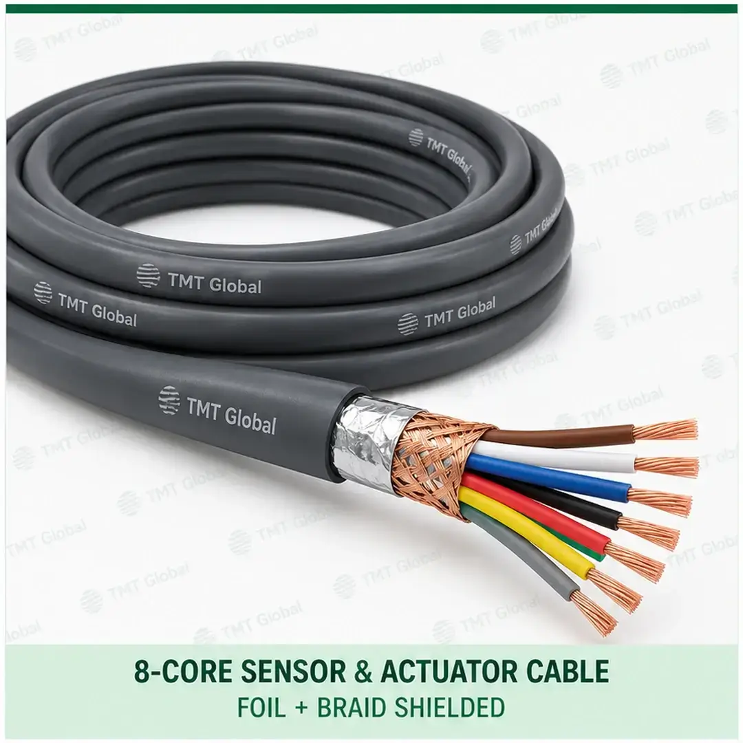 TMT Global 8 core foil and braid shielded sensor and actuator cable, with 8 visible conductors. TMT Global 8 core foil and braid shielded sensor and actuator cable, with 8 visible conductors.