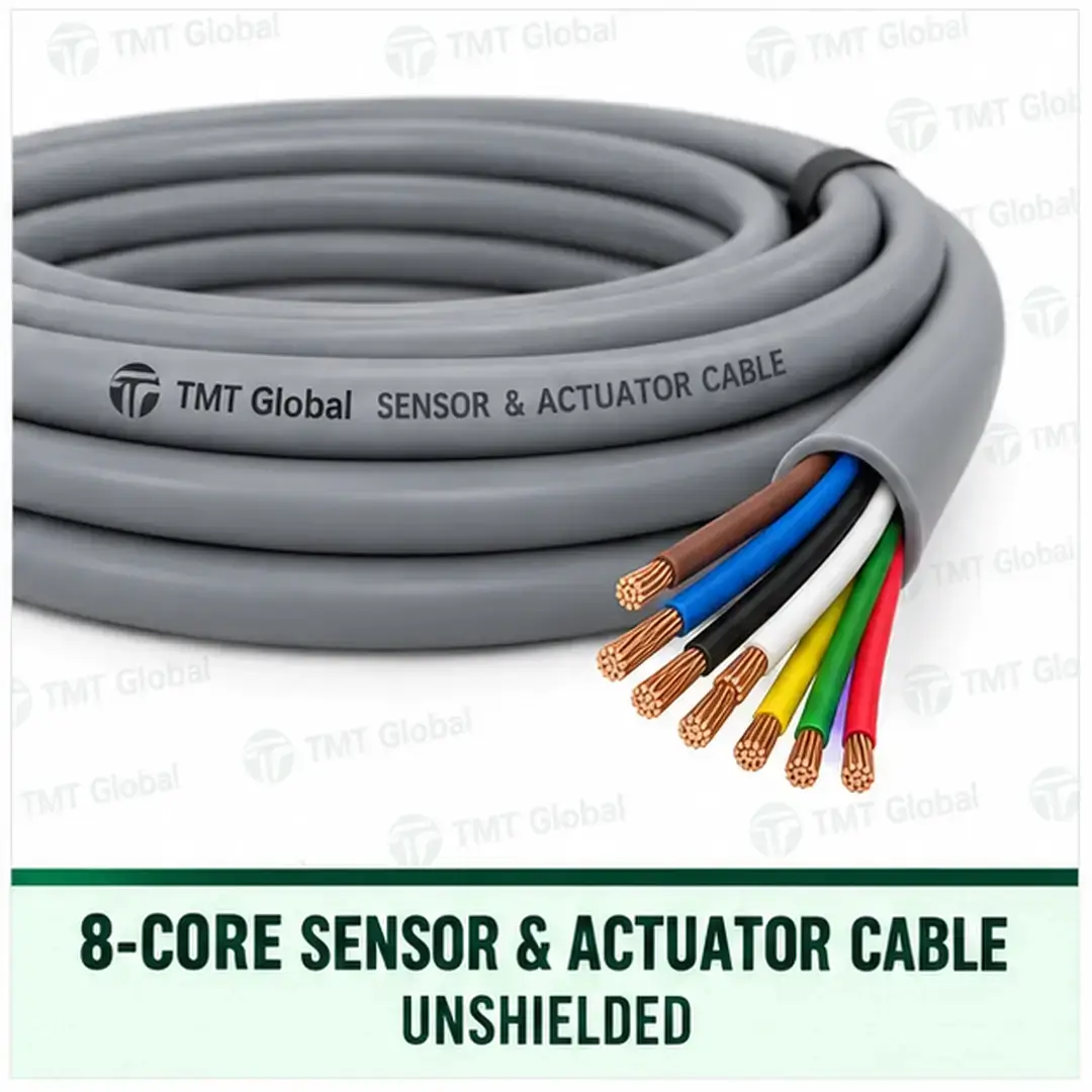 TMT Global 8 core unshielded sensor and actuator cable, with 8 visible conductors. TMT Global 8 core unshielded sensor and actuator cable, with 8 visible conductors.