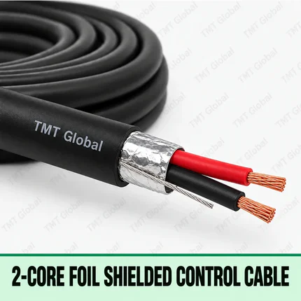TMT Global 2-Core Foil Shielded Control Cable, black jacket, single aluminum foil shield with drain wire, exactly two insulated copper conductors and two visible tips.