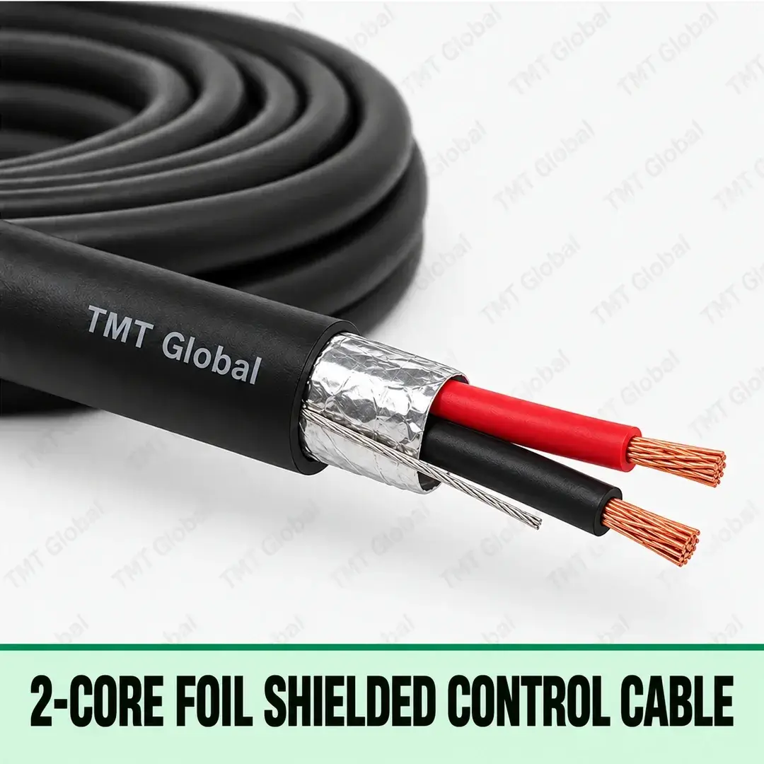 TMT Global 2-Core Foil Shielded Control Cable, black jacket, single aluminum foil shield with drain wire, exactly two insulated copper conductors and two visible tips. TMT Global 2-Core Foil Shielded Control Cable, black jacket, single aluminum foil shield with drain wire, exactly two insulated copper conductors and two visible tips.