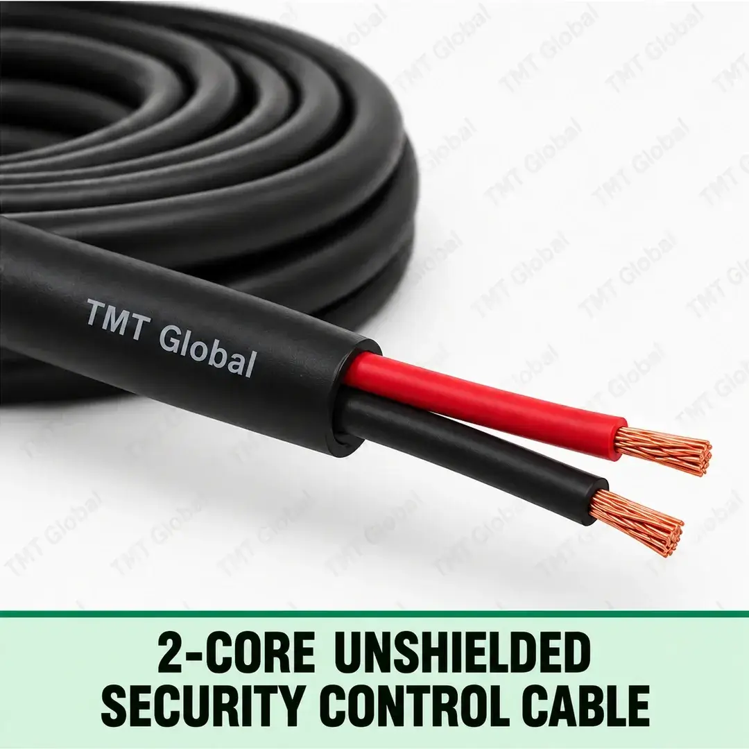 TMT Global 2-Core Unshielded Security Control Cable, slim black jacket with no shielding, exactly two insulated copper conductors, red and black, with two exposed tips. TMT Global 2-Core Unshielded Security Control Cable, slim black jacket with no shielding, exactly two insulated copper conductors, red and black, with two exposed tips.