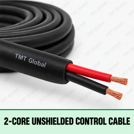 TMT Global 2-Core Unshielded Control Cable, black jacket, no foil or braid, exactly two insulated stranded copper conductors in red and black, two visible tips.
