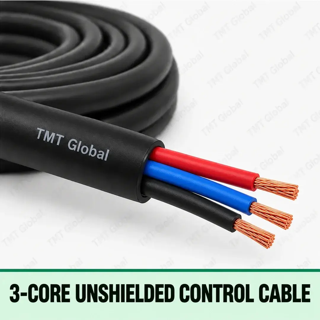 TMT Global 3-Core Unshielded Control Cable, black jacket without foil or braid, exactly three insulated copper conductors in red, blue and black, three visible tips. TMT Global 3-Core Unshielded Control Cable, black jacket without foil or braid, exactly three insulated copper conductors in red, blue and black, three visible tips.