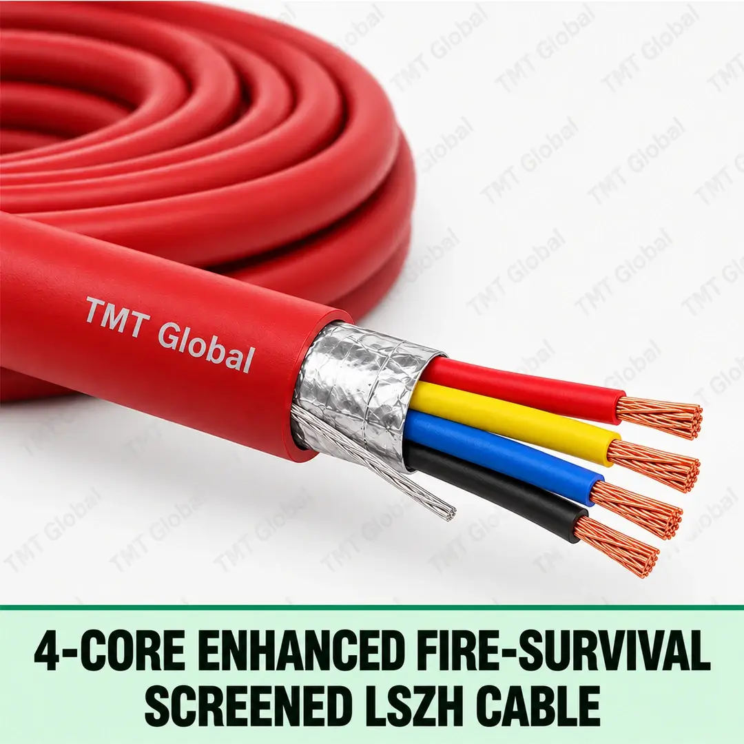 TMT Global 4 core enhanced fire-survival screened LSZH cable with a red fire-resistant jacket, foil screen and four copper conductors. TMT Global 4 core enhanced fire-survival screened LSZH cable with a red fire-resistant jacket, foil screen and four copper conductors.