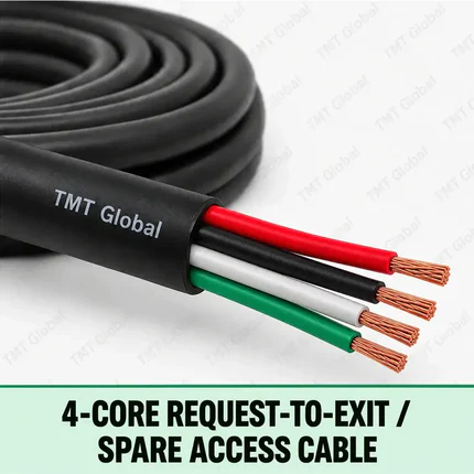 TMT Global 4-Core Request-to-Exit / Spare Access Cable, black unshielded outer jacket, exactly four colored insulated copper conductors for request-to-exit and spare access signals, four visible tips, no foil or braid.