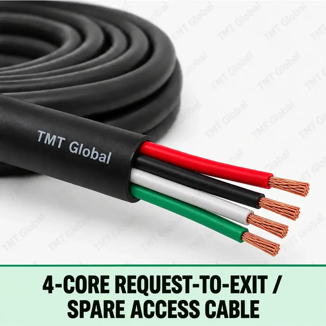 TMT Global 4-Core Request-to-Exit / Spare Access Cable, black unshielded outer jacket, exactly four colored insulated copper conductors for request-to-exit and spare access signals, four visible tips, no foil or braid. TMT Global 4-Core Request-to-Exit / Spare Access Cable, black unshielded outer jacket, exactly four colored insulated copper conductors for request-to-exit and spare access signals, four visible tips, no foil or braid.