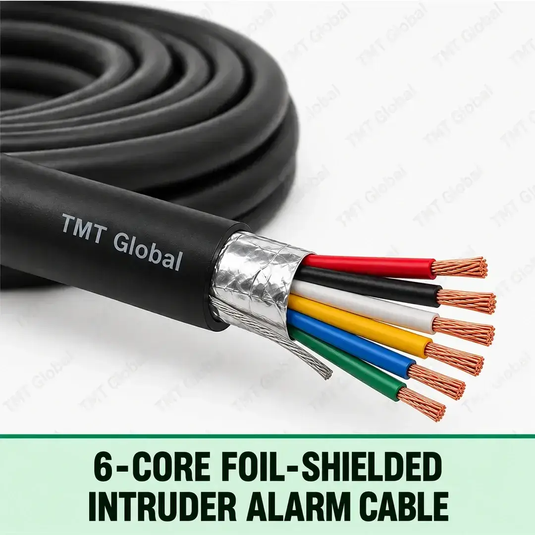 TMT Global 6-Core Foil-Shielded Intruder Alarm Cable, black jacket, foil screen with drain wire beneath, exactly six distinct insulated stranded copper conductors and six visible tips. TMT Global 6-Core Foil-Shielded Intruder Alarm Cable, black jacket, foil screen with drain wire beneath, exactly six distinct insulated stranded copper conductors and six visible tips.