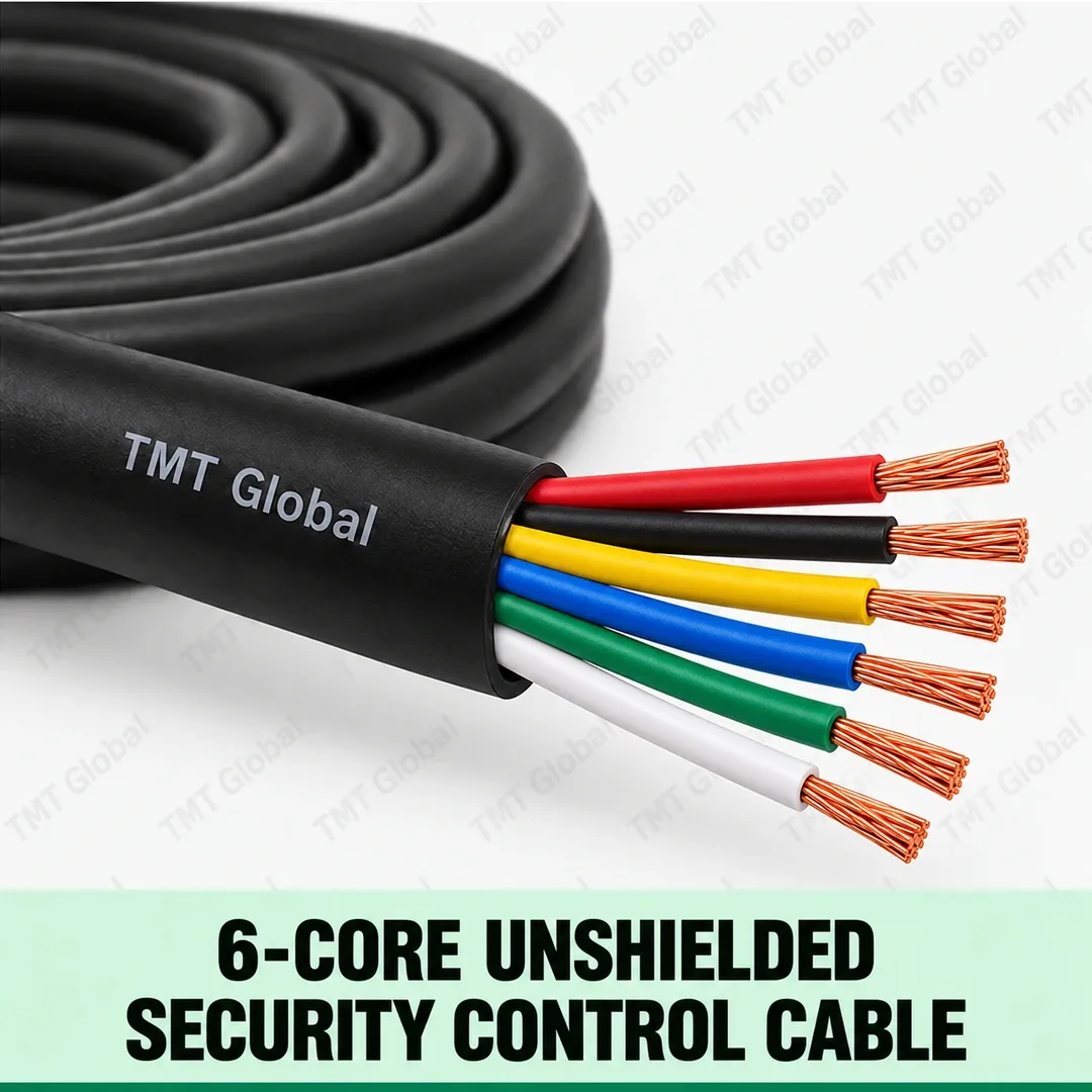 TMT Global 6-Core Unshielded Security Control Cable, black jacket, no foil and no braid, exactly six different colored insulated stranded copper conductors, six exposed tips. TMT Global 6-Core Unshielded Security Control Cable, black jacket, no foil and no braid, exactly six different colored insulated stranded copper conductors, six exposed tips.