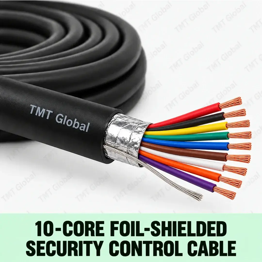 TMT Global 10-Core Foil-Shielded Security Control Cable, black outer jacket, foil screen and drain wire beneath it, exactly ten insulated color-coded copper cores, ten tips clearly visible. TMT Global 10-Core Foil-Shielded Security Control Cable, black outer jacket, foil screen and drain wire beneath it, exactly ten insulated color-coded copper cores, ten tips clearly visible.