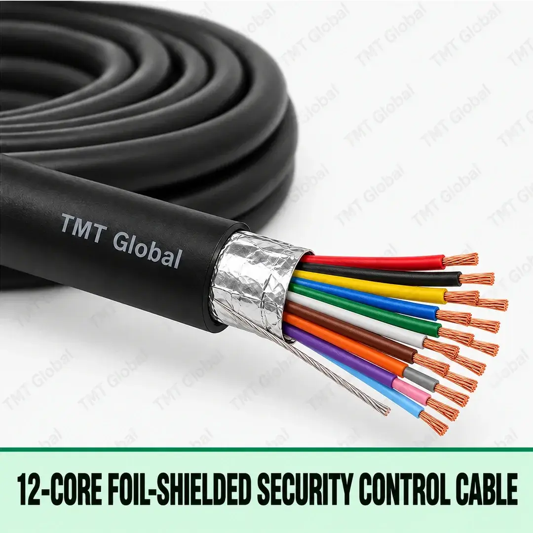 TMT Global 12-Core Foil-Shielded Security Control Cable, black jacket, foil wrap and drain wire, exactly twelve colored insulated stranded copper conductors with twelve individually visible copper tips. TMT Global 12-Core Foil-Shielded Security Control Cable, black jacket, foil wrap and drain wire, exactly twelve colored insulated stranded copper conductors with twelve individually visible copper tips.