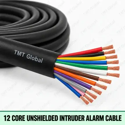 TMT Global 12 Core Unshielded Intruder Alarm Cable, black outer jacket without foil or braid, twelve distinct colored insulated copper conductors and twelve visible copper tips.