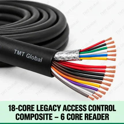 TMT Global 18-Core Legacy Access Control Composite – 6 Core Reader, black outer jacket with one six-core reader bundle plus twelve separately insulated access/lock power cores, exactly eighteen total insulated copper tips, foil shield around reader cores.