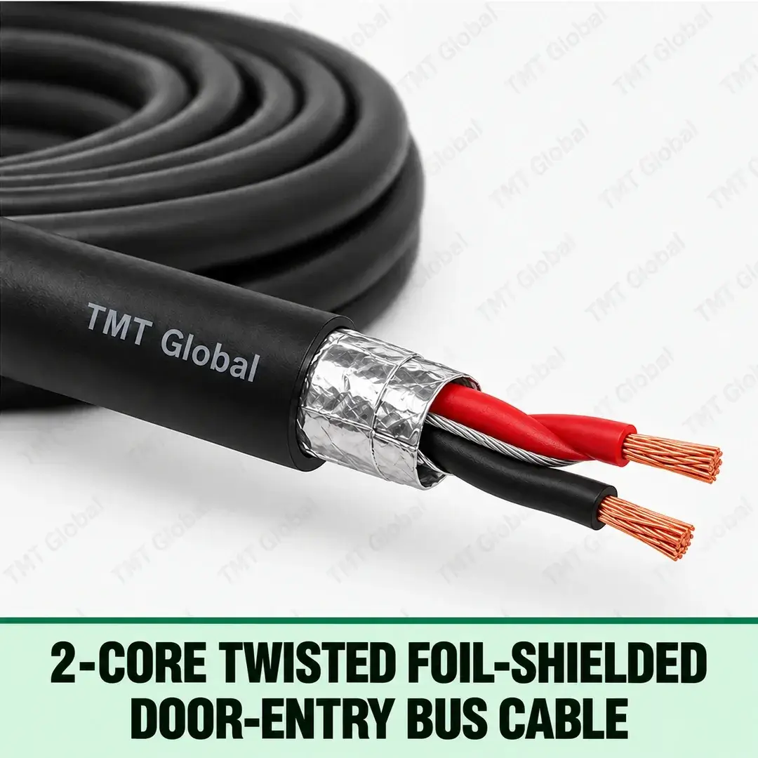 TMT Global 2-Core Twisted Foil-Shielded Door-Entry Bus Cable, black jacket, exactly one red and one black insulated stranded copper conductor twisted together under a foil shield with drain wire, two conductor tips only. TMT Global 2-Core Twisted Foil-Shielded Door-Entry Bus Cable, black jacket, exactly one red and one black insulated stranded copper conductor twisted together under a foil shield with drain wire, two conductor tips only.