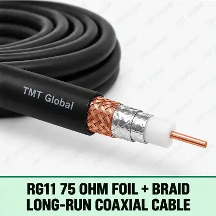 TMT Global RG11 75 Ohm Foil + Braid Long-Run Coaxial Cable, single RG11 coax with one centered copper conductor, white foam dielectric, one foil shield and one copper braid shield, black jacket, no extra cores.