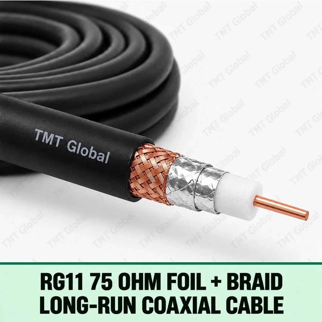 TMT Global RG11 75 Ohm Foil + Braid Long-Run Coaxial Cable, single RG11 coax with one centered copper conductor, white foam dielectric, one foil shield and one copper braid shield, black jacket, no extra cores. TMT Global RG11 75 Ohm Foil + Braid Long-Run Coaxial Cable, single RG11 coax with one centered copper conductor, white foam dielectric, one foil shield and one copper braid shield, black jacket, no extra cores.
