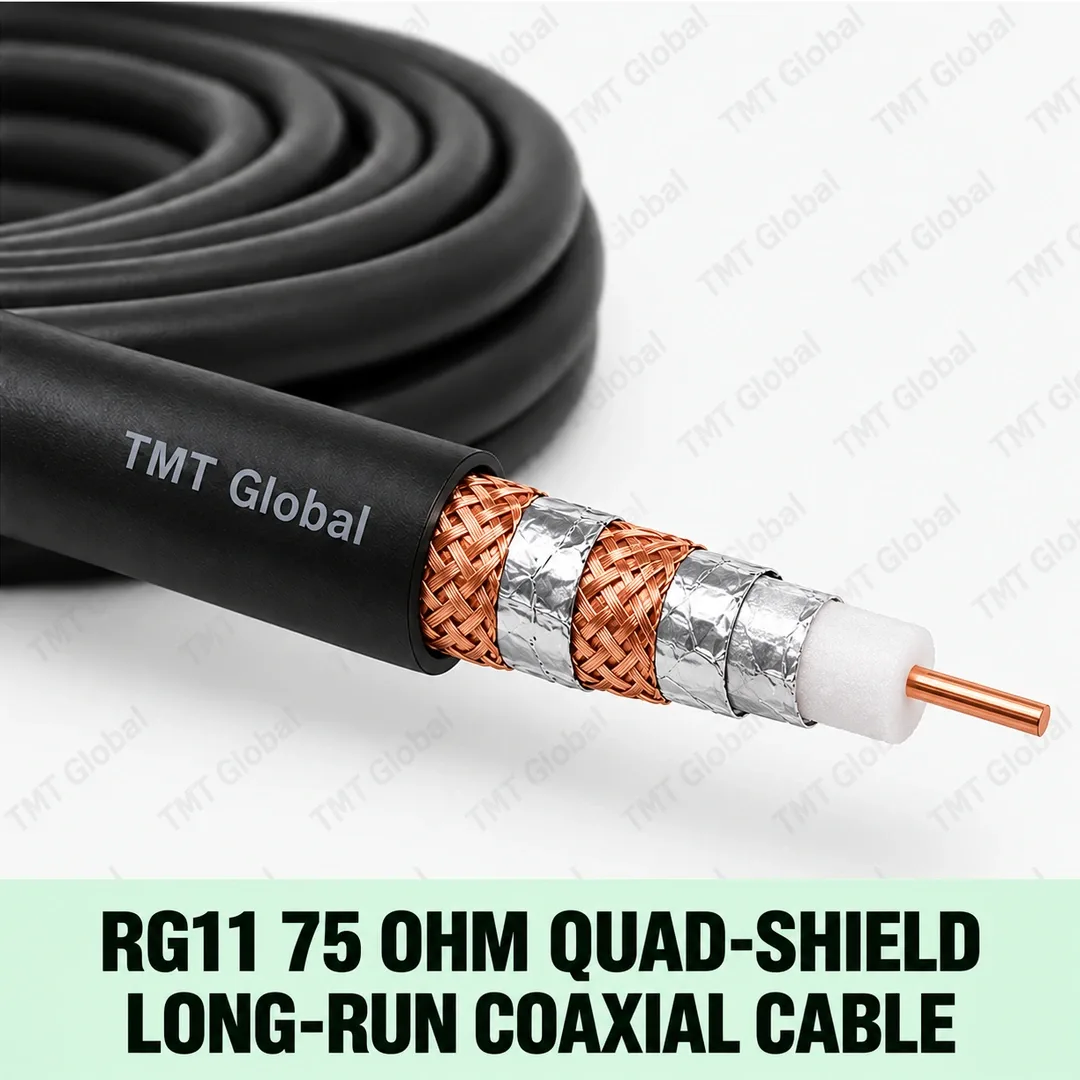 TMT Global RG11 75 Ohm Quad-Shield Long-Run Coaxial Cable, single thick RG11 coax core with centered copper conductor, white foam dielectric, exactly two foil shields and two copper-braid layers for quad shielding, black jacket. TMT Global RG11 75 Ohm Quad-Shield Long-Run Coaxial Cable, single thick RG11 coax core with centered copper conductor, white foam dielectric, exactly two foil shields and two copper-braid layers for quad shielding, black jacket.