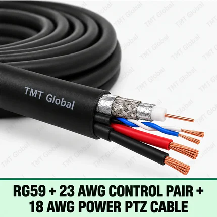 TMT Global RG59 + 23 AWG Control Pair + 18 AWG Power PTZ Cable, one RG59 coax core, one small 23 AWG twisted control pair, and two thicker 18 AWG power cores under a round black jacket, five visible copper tips.