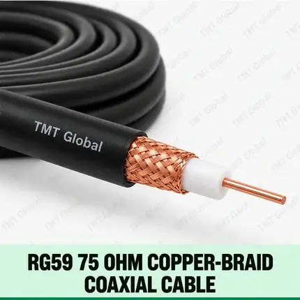 TMT Global RG59 75 Ohm Copper-Braid Coaxial Cable, single slim RG59 coax, central copper conductor, white dielectric and visible woven copper-braid shield, black outer jacket, no auxiliary conductors.