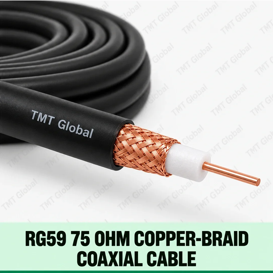 TMT Global RG59 75 Ohm Copper-Braid Coaxial Cable, single slim RG59 coax, central copper conductor, white dielectric and visible woven copper-braid shield, black outer jacket, no auxiliary conductors. TMT Global RG59 75 Ohm Copper-Braid Coaxial Cable, single slim RG59 coax, central copper conductor, white dielectric and visible woven copper-braid shield, black outer jacket, no auxiliary conductors.