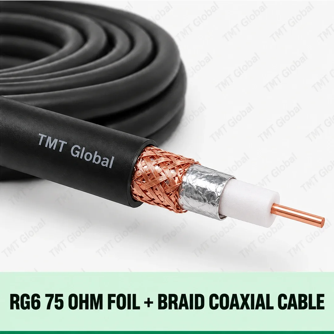 TMT Global RG6 75 Ohm Foil + Braid Coaxial Cable, single RG6 coax with one center copper conductor, dielectric, one aluminum foil wrap and one copper-braid shield, black jacket. TMT Global RG6 75 Ohm Foil + Braid Coaxial Cable, single RG6 coax with one center copper conductor, dielectric, one aluminum foil wrap and one copper-braid shield, black jacket.