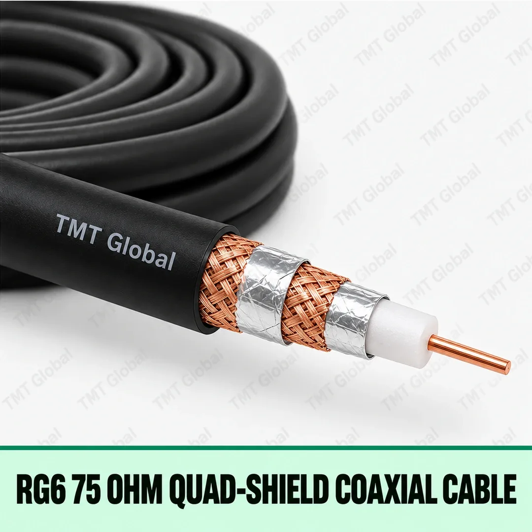 TMT Global RG6 75 Ohm Quad-Shield Coaxial Cable, single RG6 coax cable, center copper conductor with white dielectric, exactly two foil shields and two copper-braid layers, black jacket. TMT Global RG6 75 Ohm Quad-Shield Coaxial Cable, single RG6 coax cable, center copper conductor with white dielectric, exactly two foil shields and two copper-braid layers, black jacket.