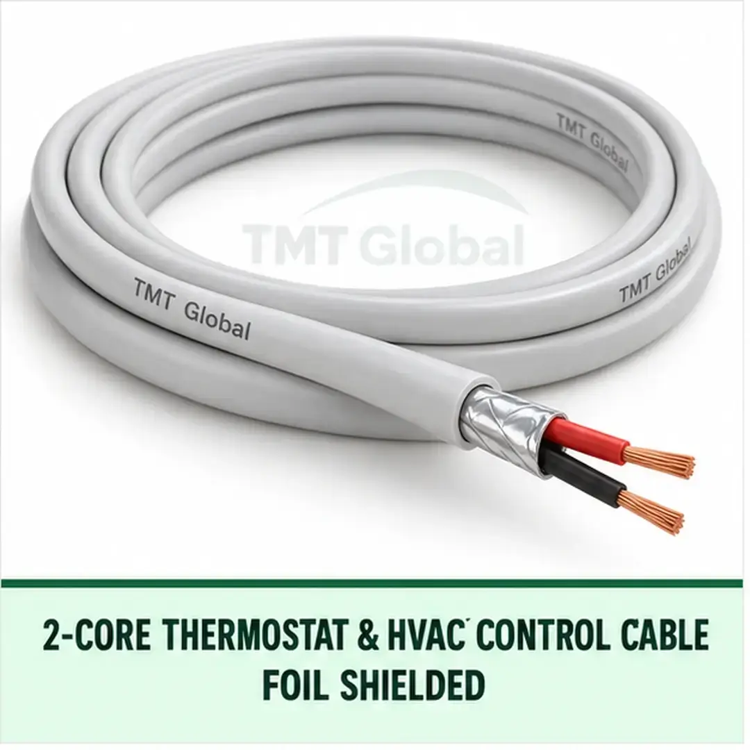 TMT Global 2 core foil shielded thermostat and HVAC control cable, with 2 insulated copper conductors. TMT Global 2 core foil shielded thermostat and HVAC control cable, with 2 insulated copper conductors.