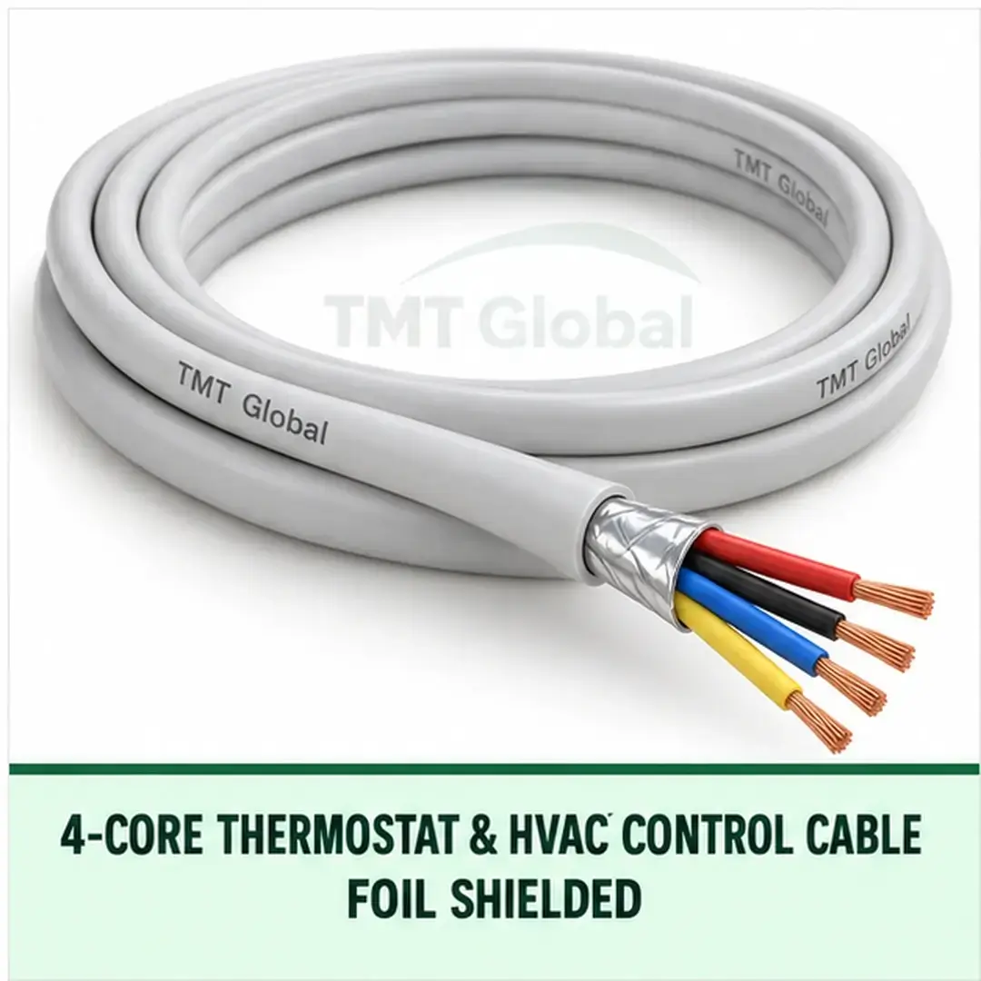 TMT Global 4 core foil shielded thermostat and HVAC control cable, with 4 insulated copper conductors. TMT Global 4 core foil shielded thermostat and HVAC control cable, with 4 insulated copper conductors.